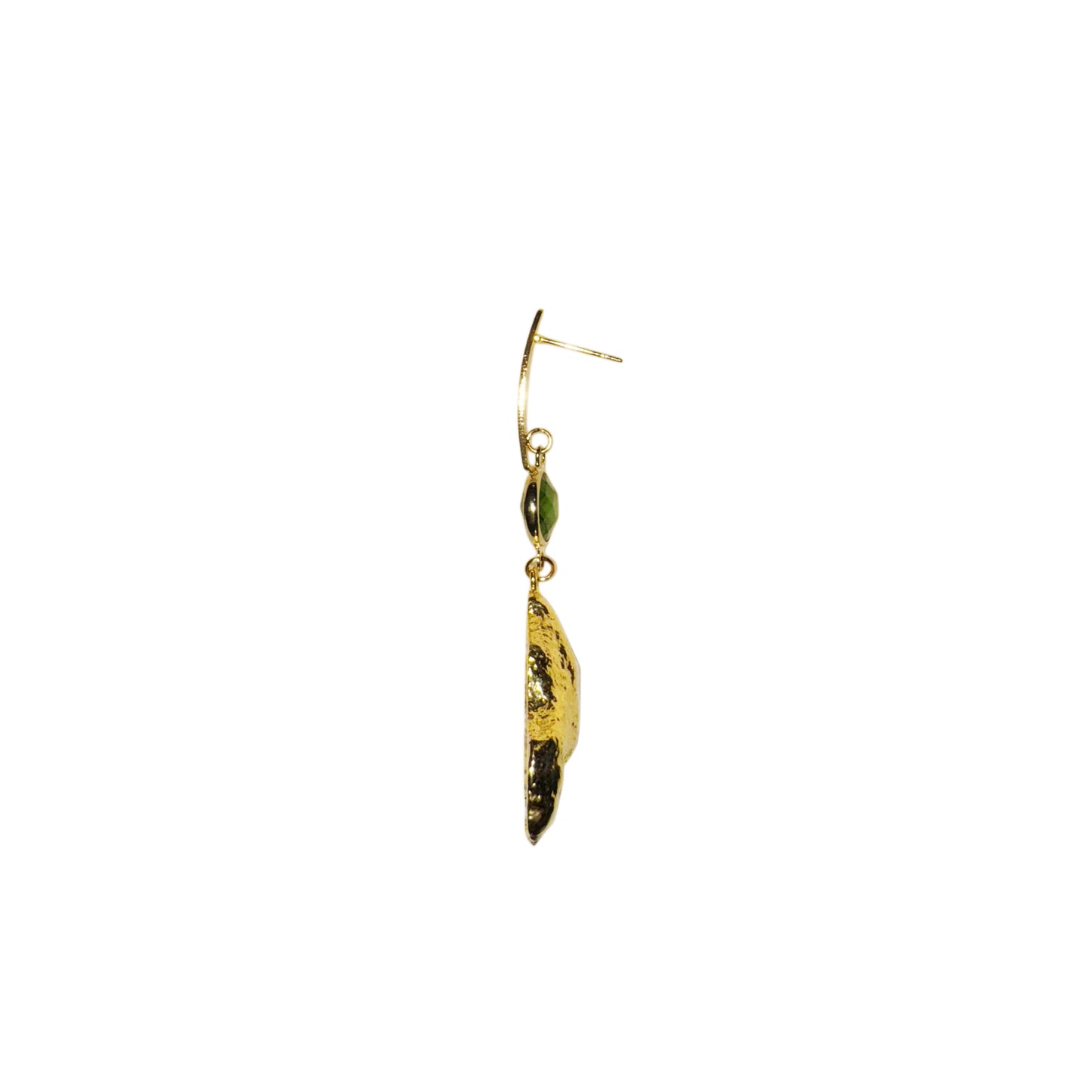 Geode earrings with glass connector, gold-plated, deep purple-green.