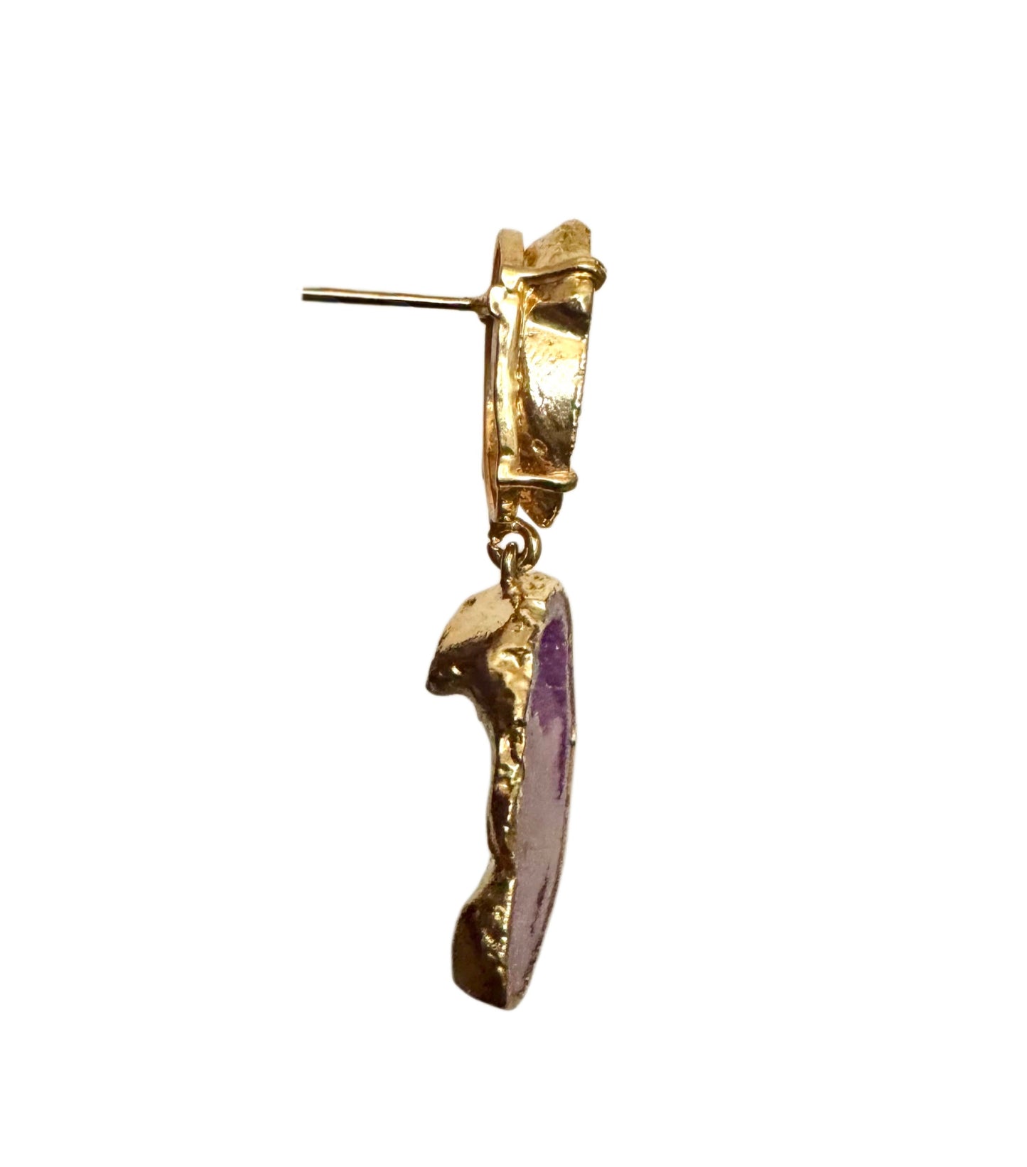 Geode earrings, gold-plated, magenta-teal.