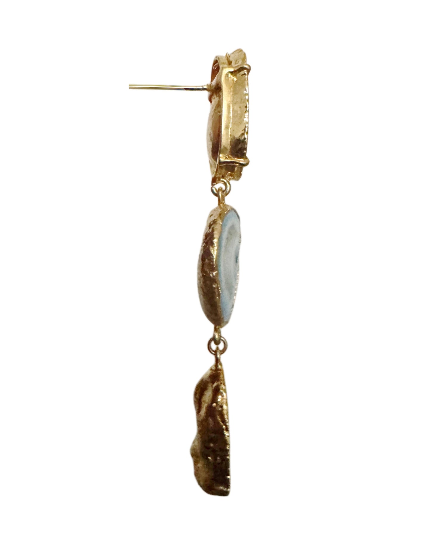 Three-drop geode statement earrings, gold-plated, blue.