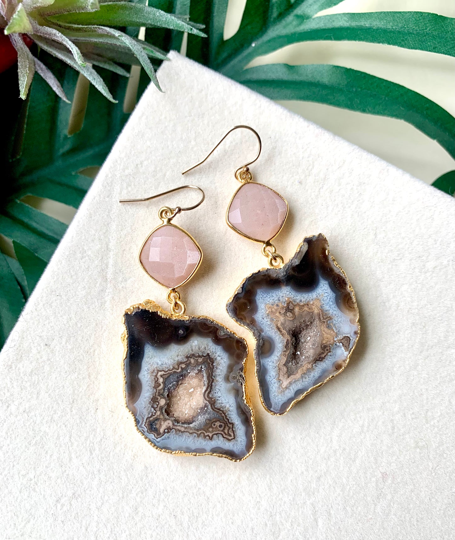 Abielle Pink Moonstone Geode Earrings