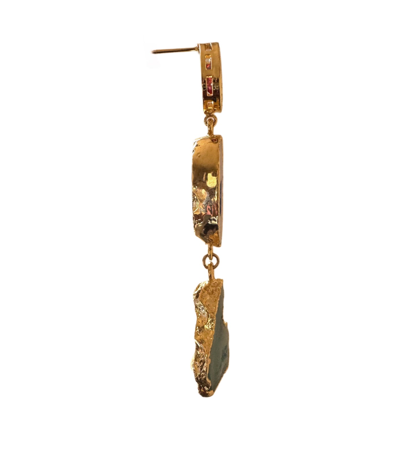 Agate and geode statement earrings, gold-plated, cobalt blue-aqua-orange.