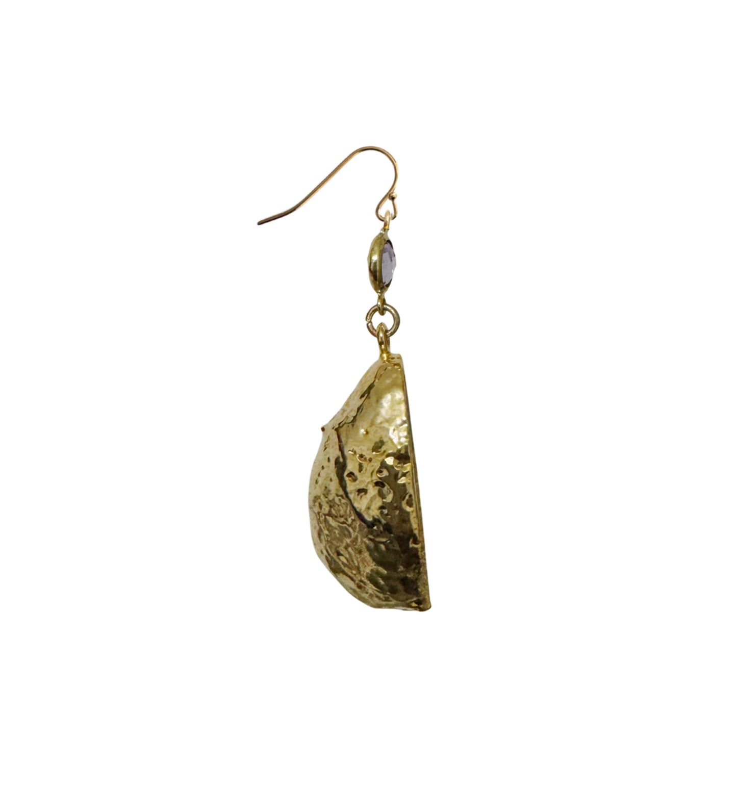 Agate geode earrings with quartz center, gold-plated, light yellow-purple.
