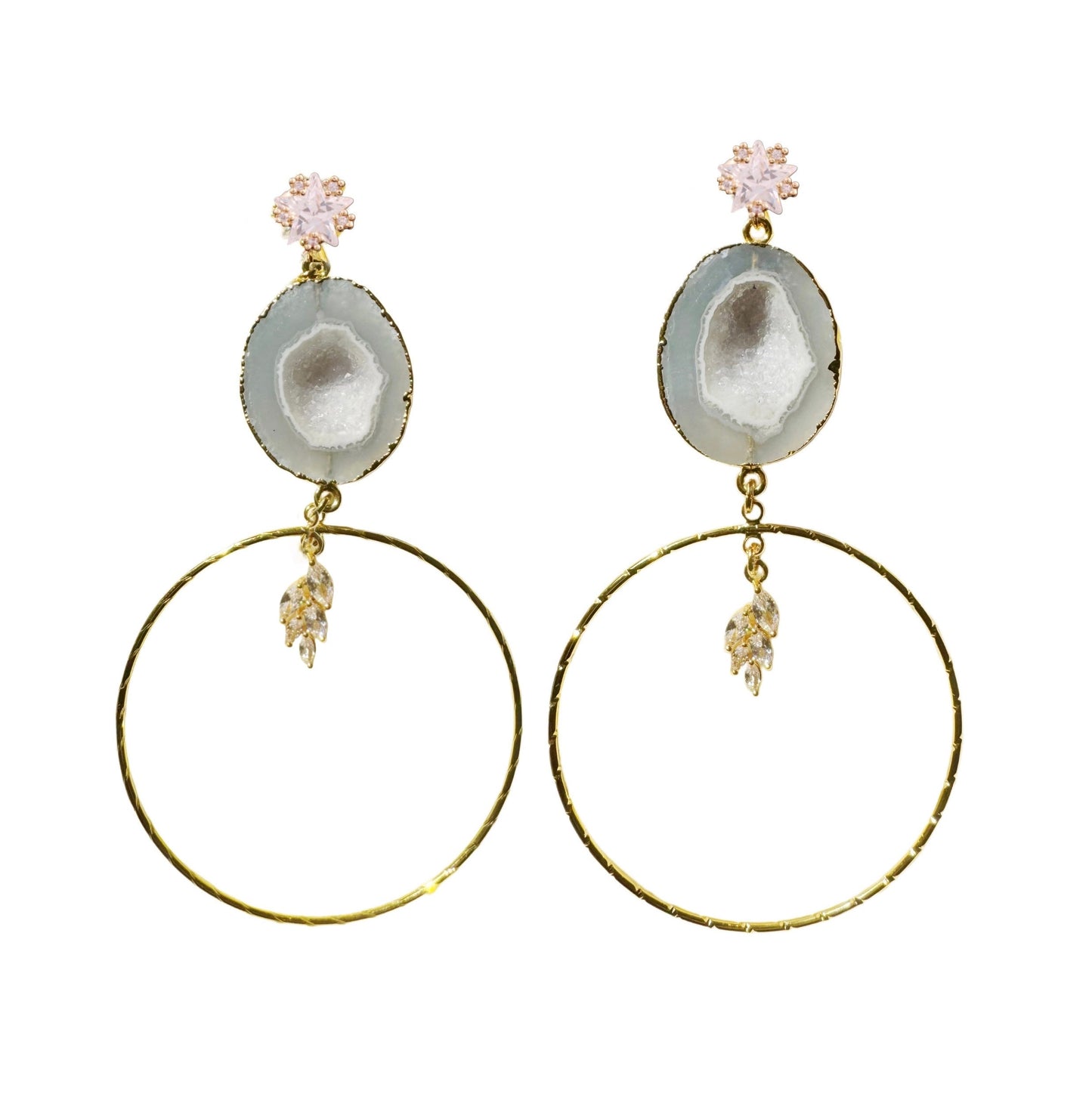 Geode hoop earrings, gold-plated, grey.