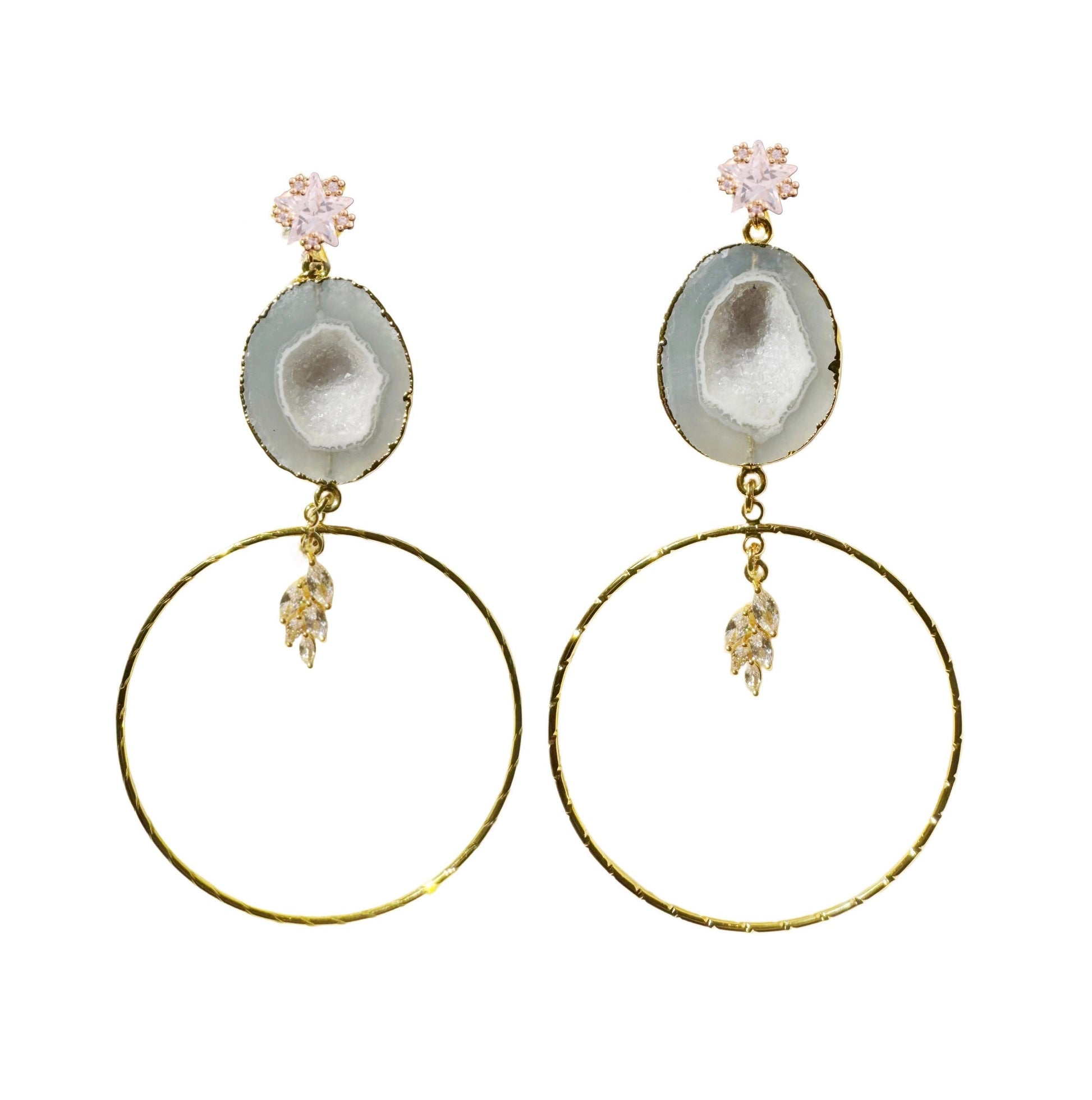 Geode hoop earrings, gold-plated, grey.