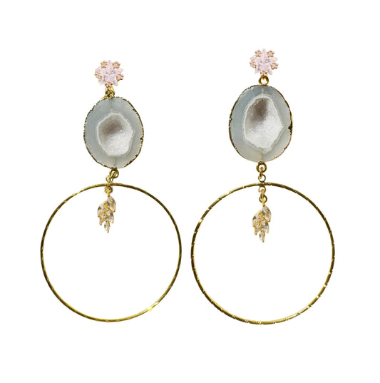 Geode hoop earrings, gold-plated, grey.