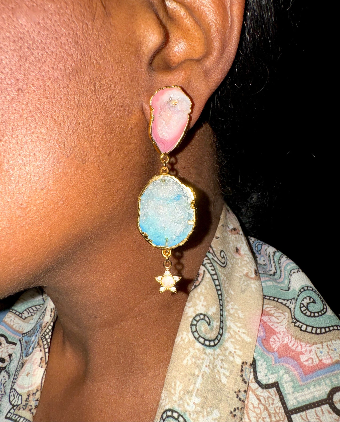 Geode earrings with opal star charm, light pink and light blue.