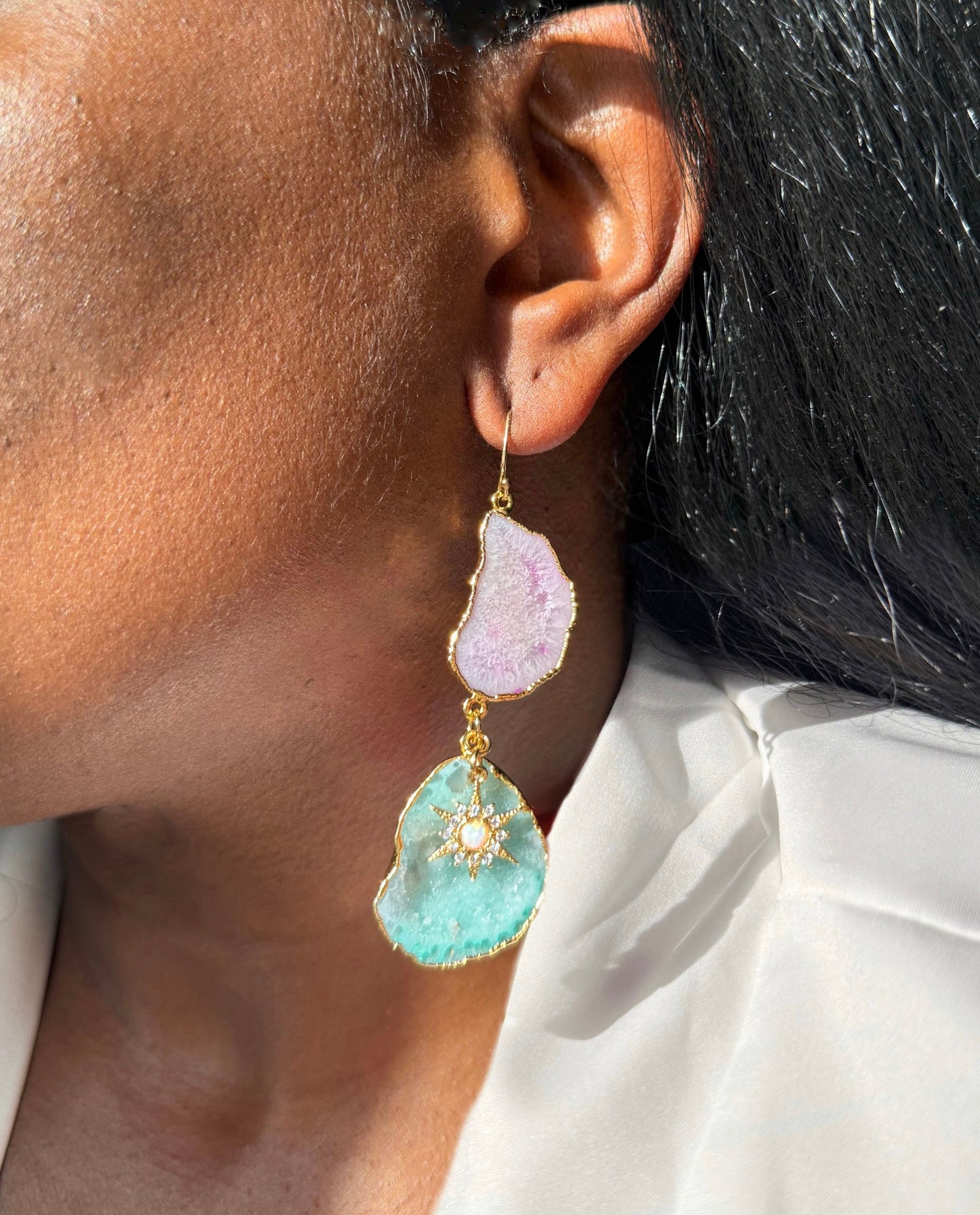 Geode earrings with fire opal star charm, pink and green.
