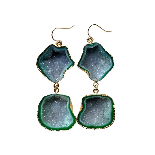 Geode earrings, gold-plated, dark green.