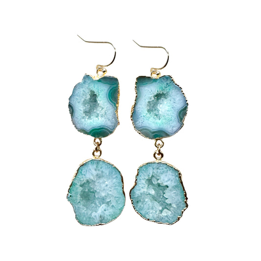 Geode earrings, gold-plated, mint green.