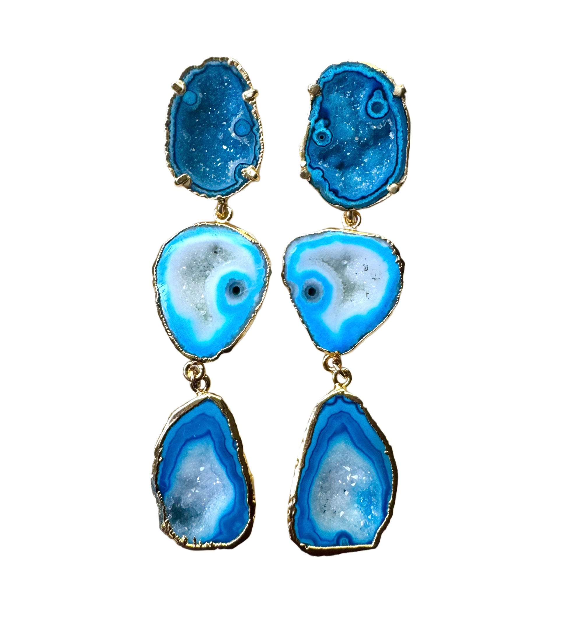 Three-drop geode statement earrings, gold-plated, blue.