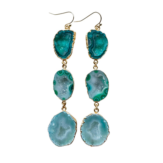 Triple geode drop earrings, gold-plated, green-aqua.
