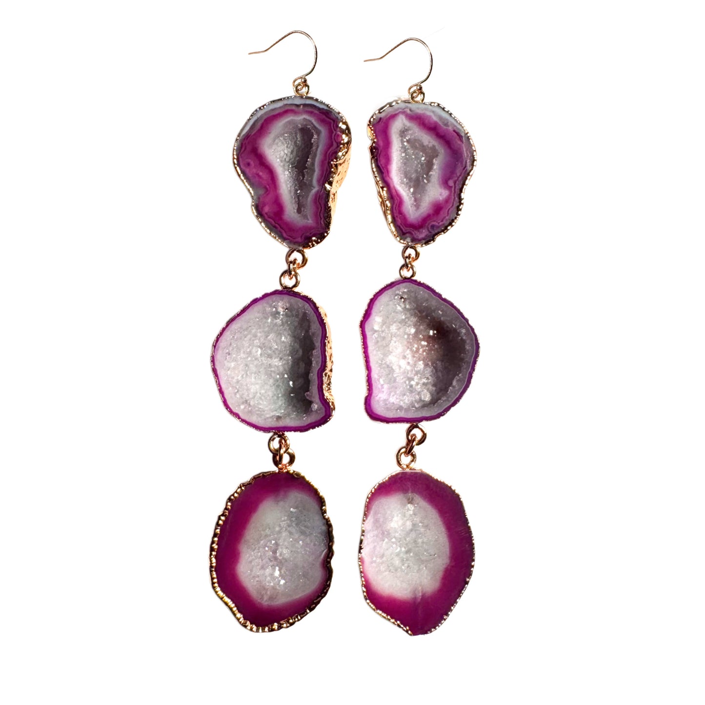 Triple geode drop earrings, gold-plated, berry-red.