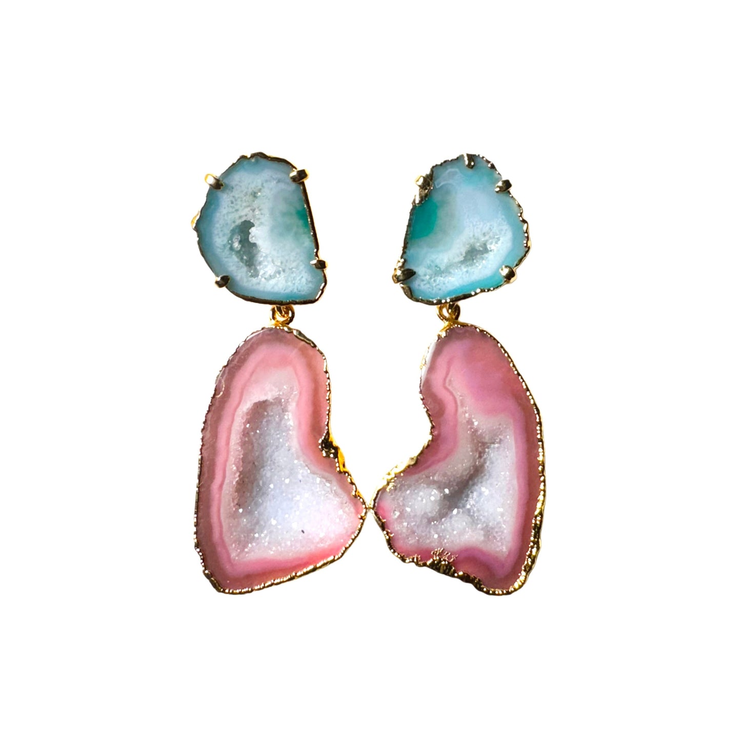 Geode statement earrings, gold-plated, green-blush pink.