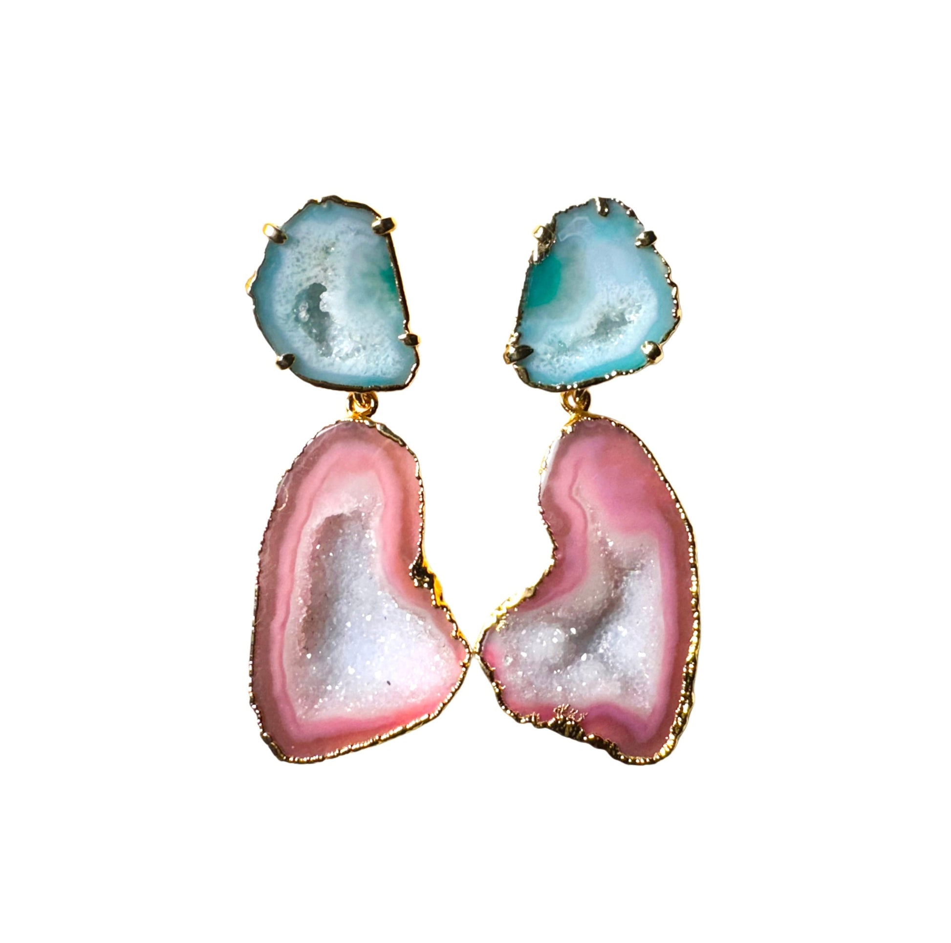 Geode statement earrings, gold-plated, green-blush pink.