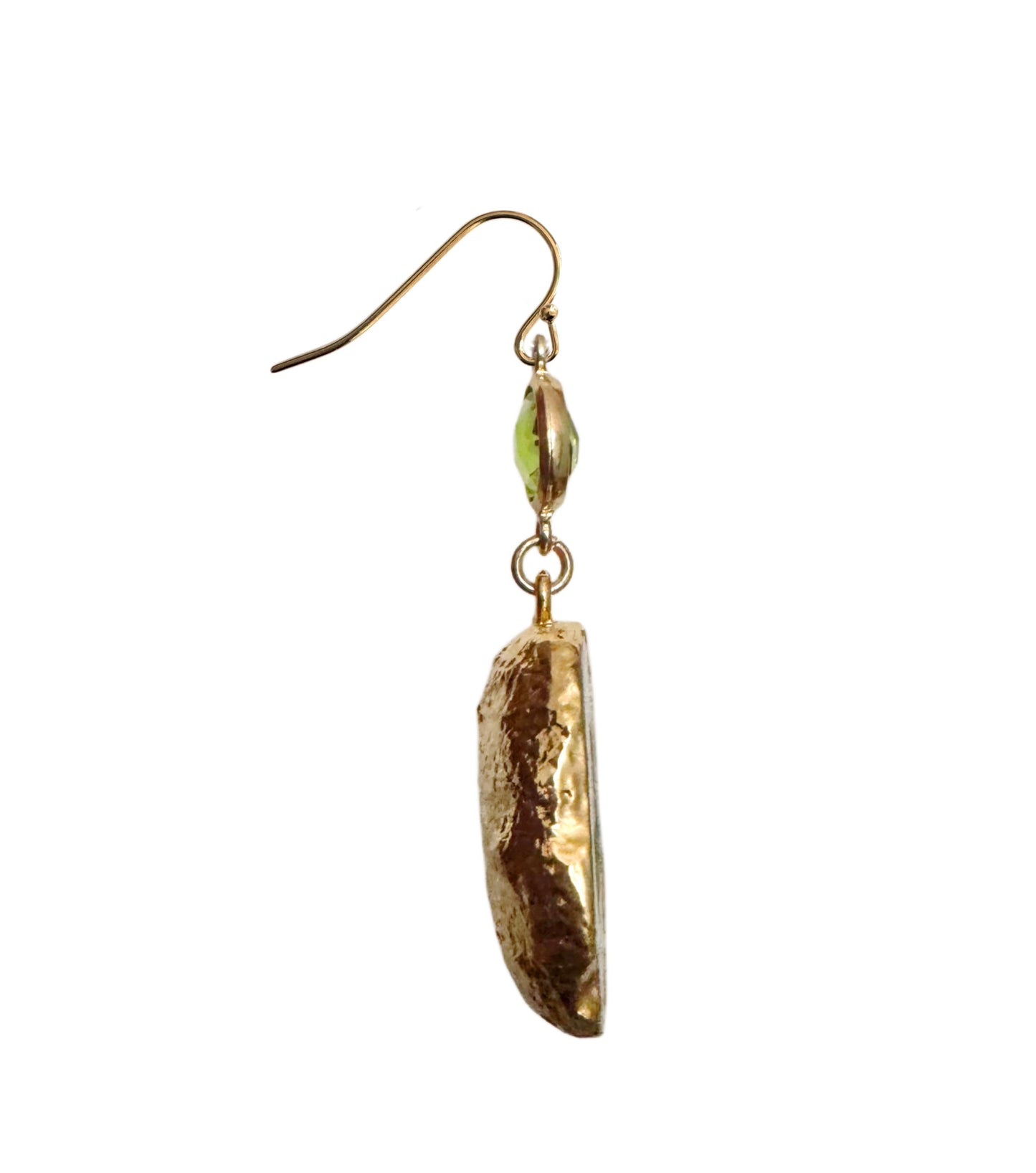Geode drop earrings with peridot connector, gold-plated, lime green-white.
