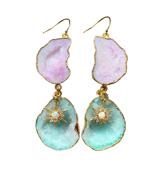 Geode earrings with fire opal star charm, pink and green.