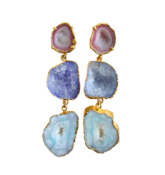 Geode earrings, gold-plated, pastel pink-blue.