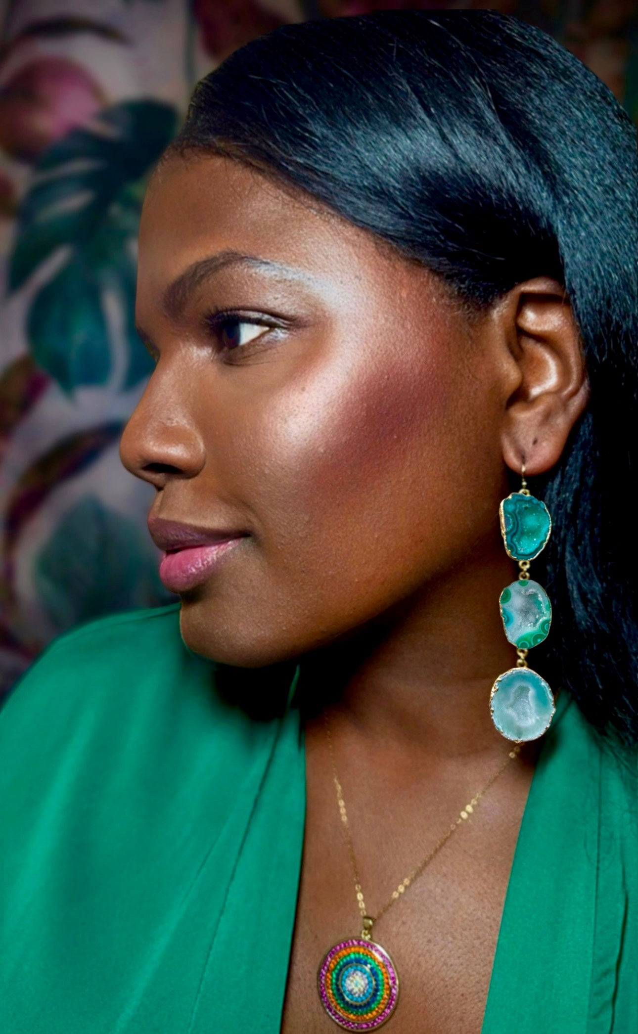 Triple geode drop earrings, gold-plated, green-aqua.