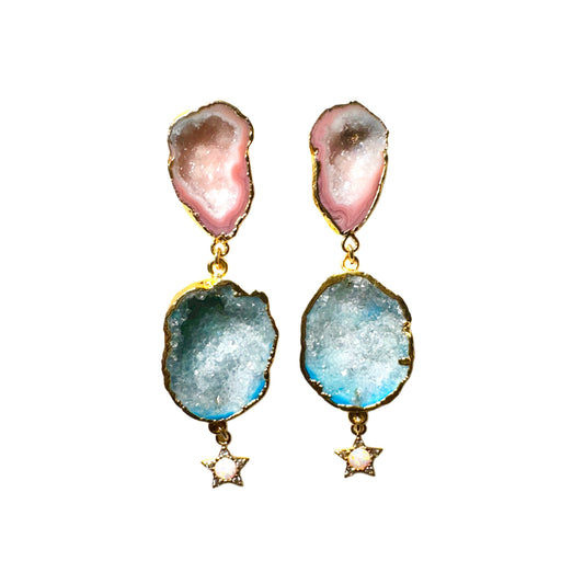 Geode earrings with opal star charm, light pink and light blue.