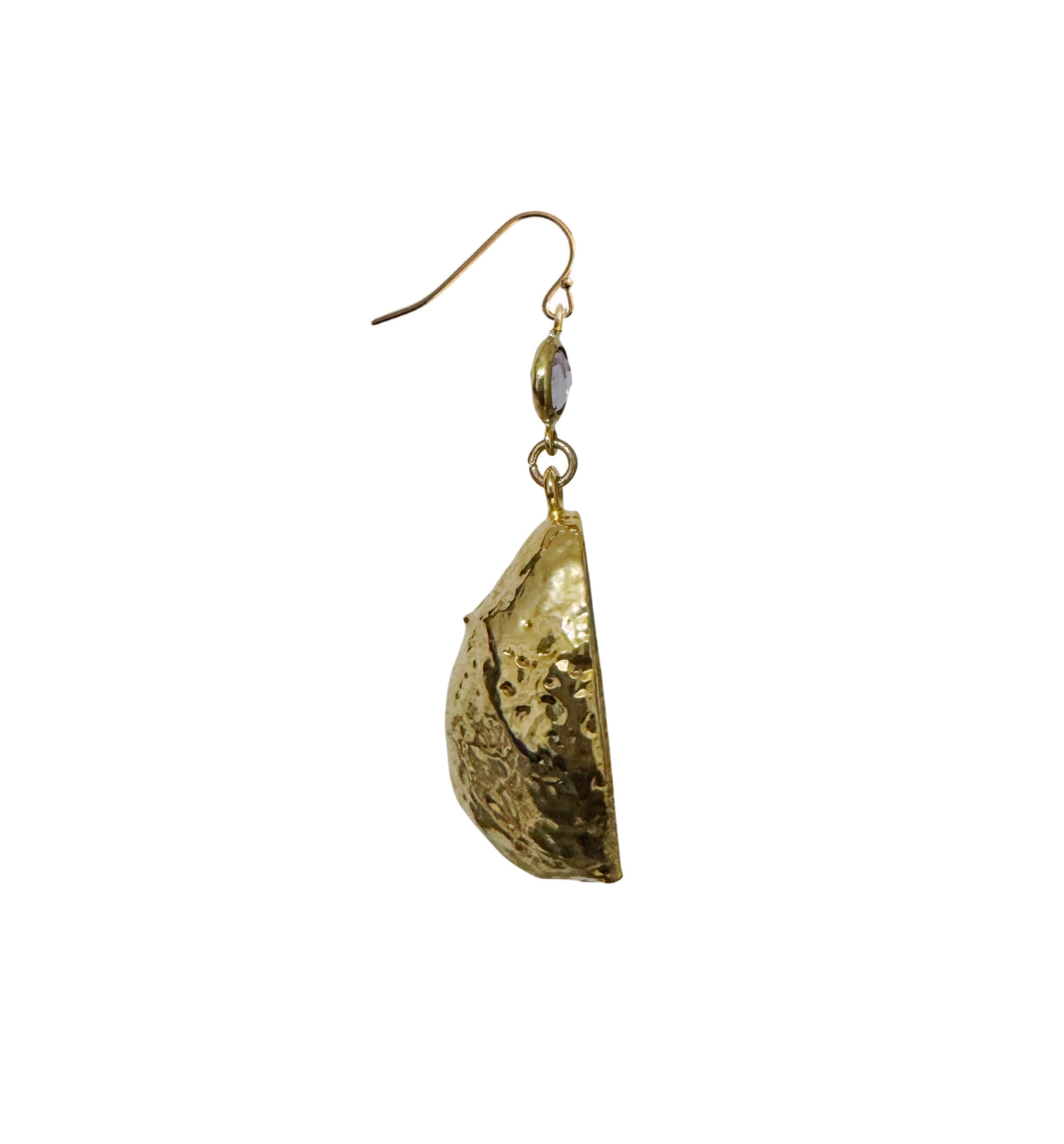 Agate geode earrings with quartz center, gold-plated, light yellow-purple.