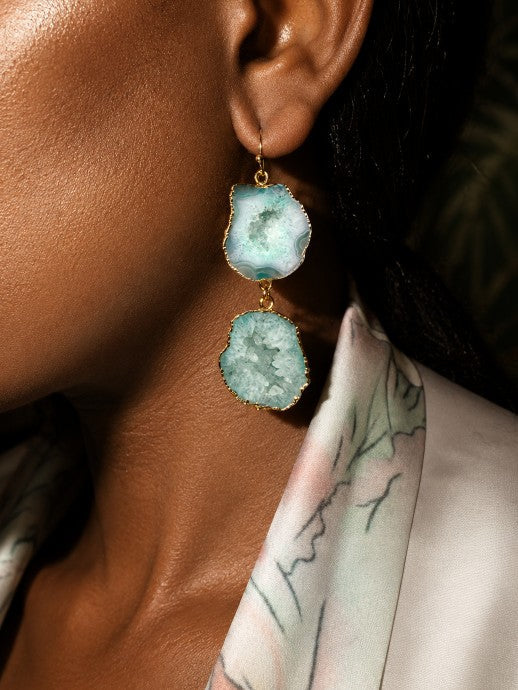 Geode earrings, gold-plated, mint green.